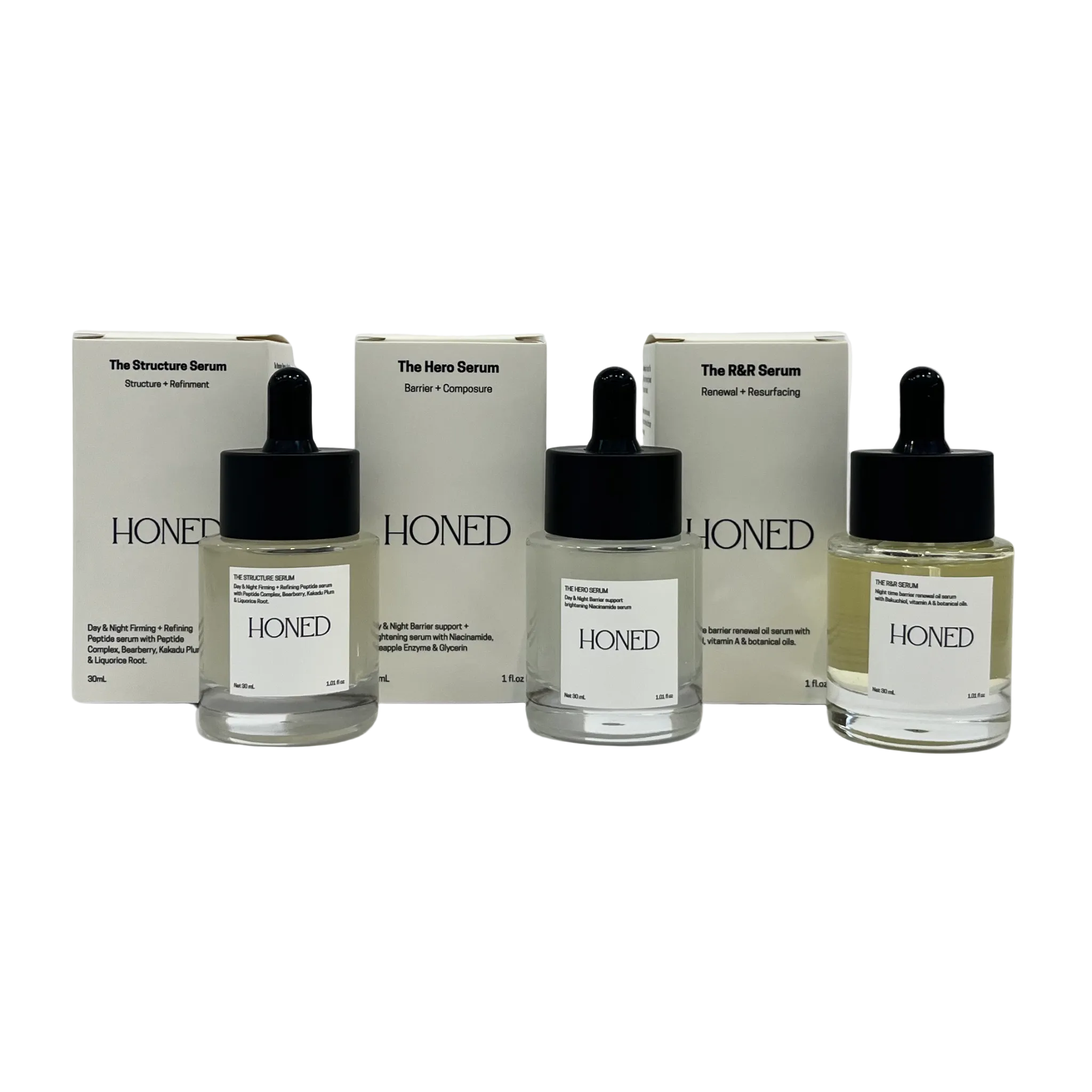 Well studied actives like niacinamide, matryxil peptides, kakdu plum for vitamin c and bauchiol are all featured in this curation of minimalist serums. Use on your face, neck and chest. Results compound with consistency so you can expect your skin to become the most refined, honed version it can be even without injectables and in office treatments