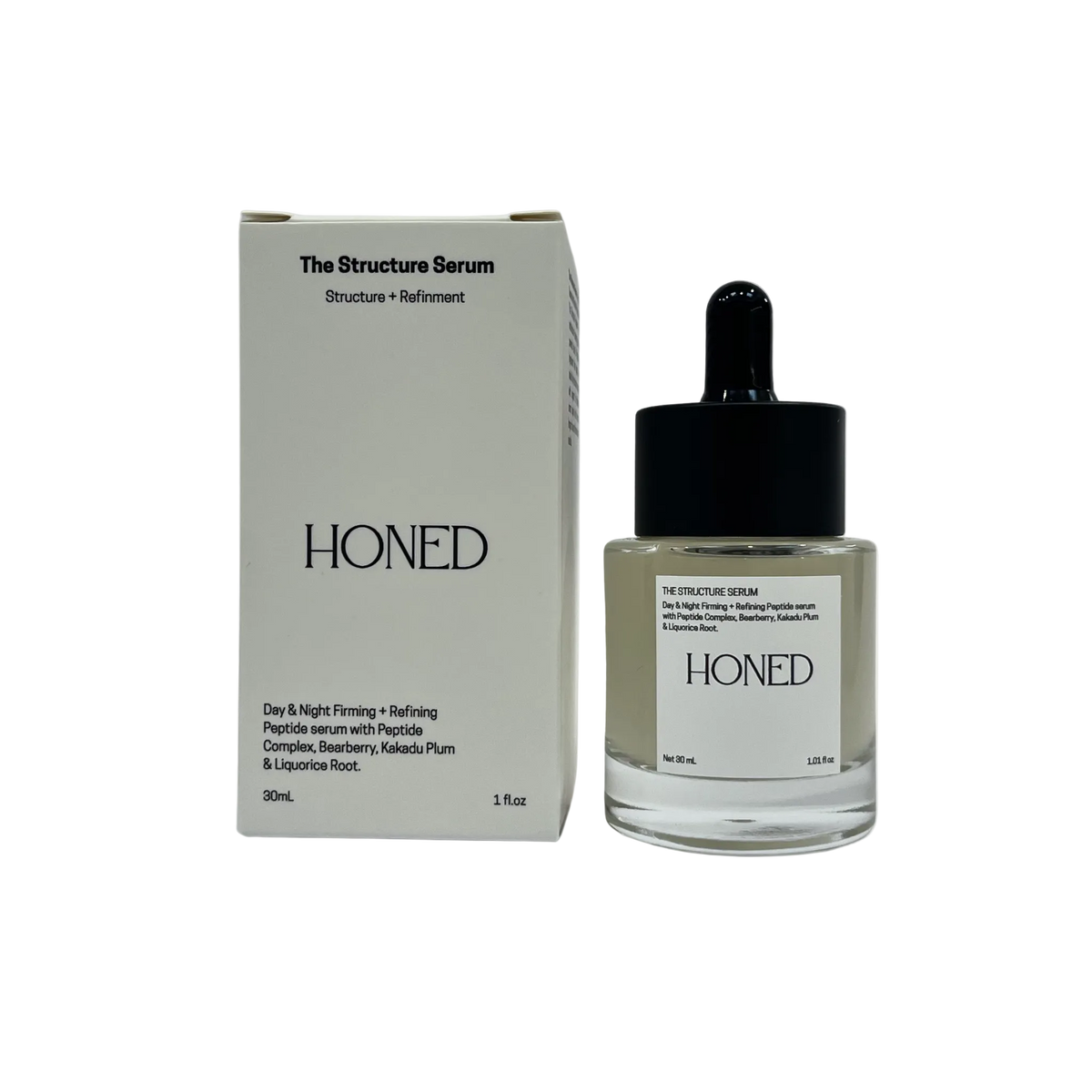 A premium peptide complex serum featuring collagen building signal peptides with kakadu plum, glycerin and bearberry