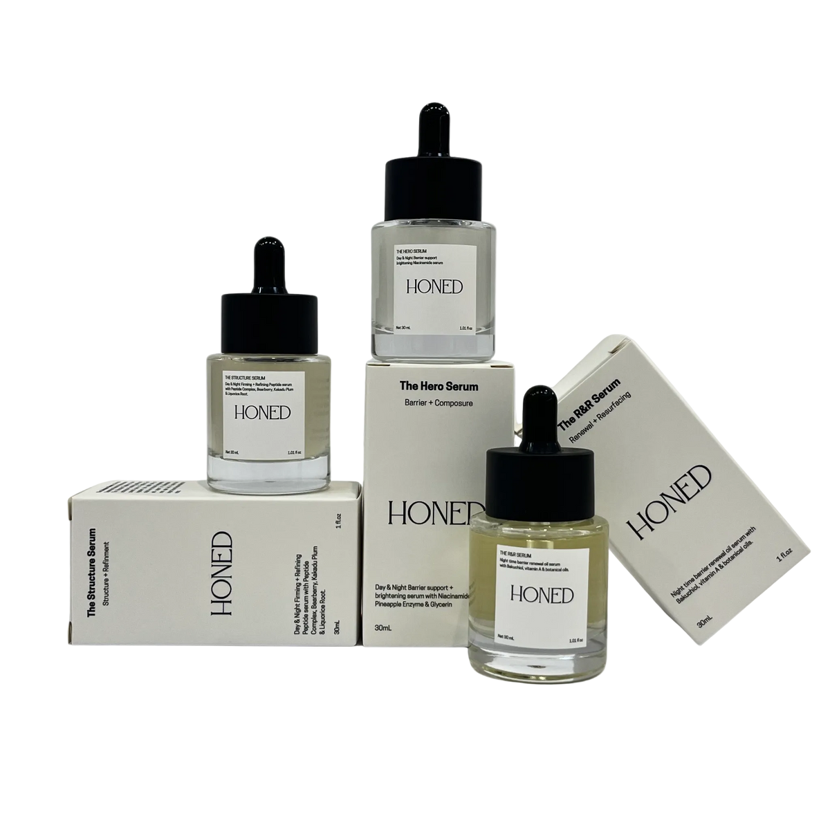 The minimalist serum set that includes the 3 serums that work in synergy together to bring your skin a minimal and strategic system to refine your skin over time