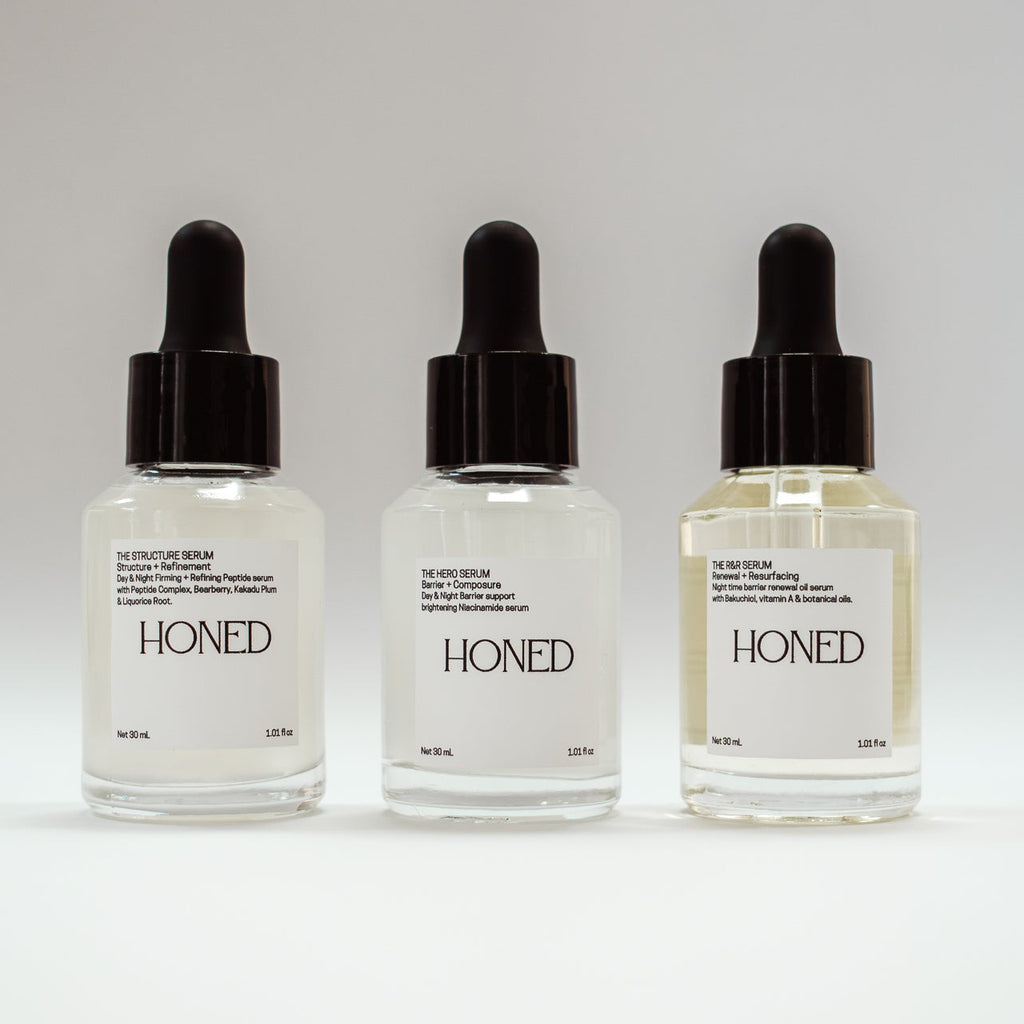 Peptide, niacinamide and Bakuchiol 'Honed' skincare serums on a white background